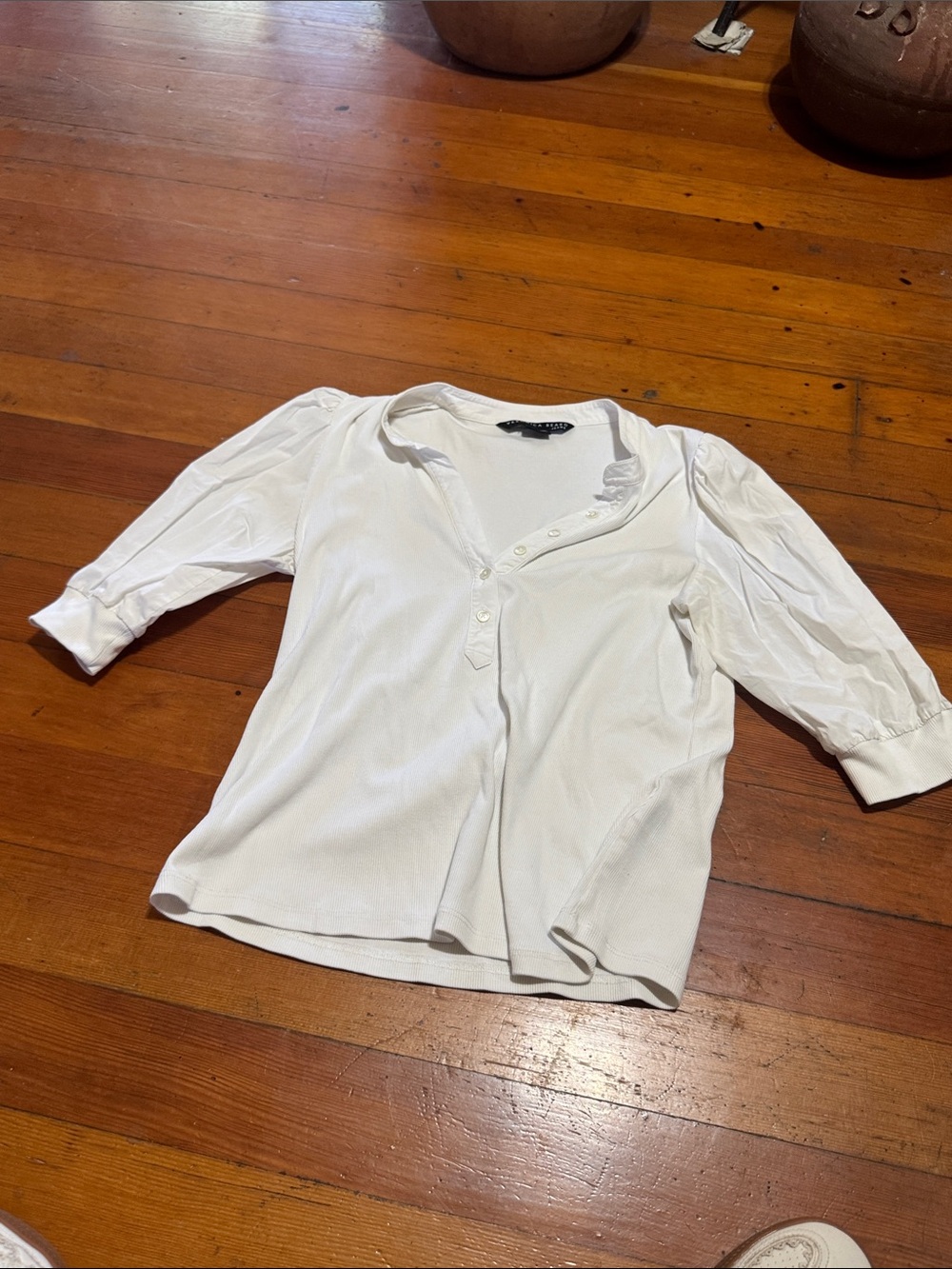 Veronica Beard White Henley-Style Puff Sleeve Top